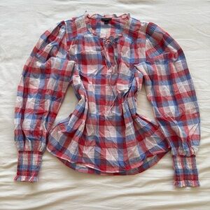 Ann Taylor Red and White Ruffled Bib Collar Blouse